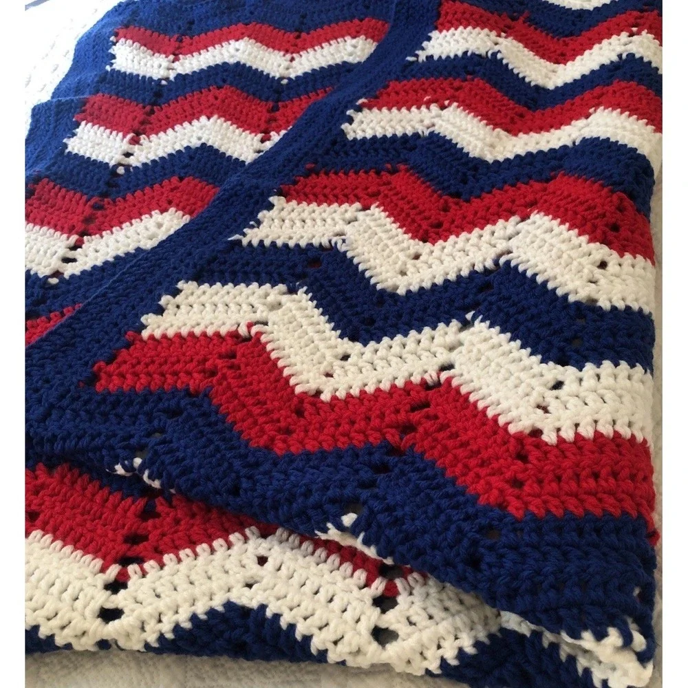 Granny Blanket Crochet Red White Blue Patriotic Americana Handmade Throw 32 X38